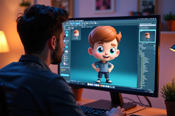 A person working on graphic design software with various design elements on the screen